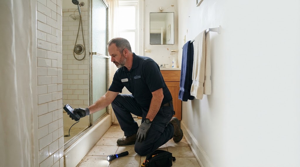 Professional technician assessing pipe leak repair Winslow NJ copper plumbing lines